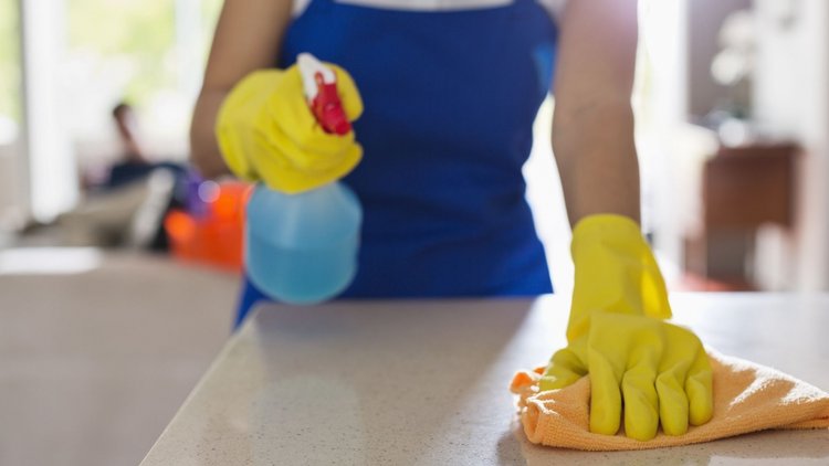 Professional house cleaner sanitizing a countertop in a Black Forest home.